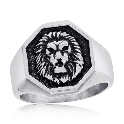 Stainless Steel Oxidized Lion Octagon Ring