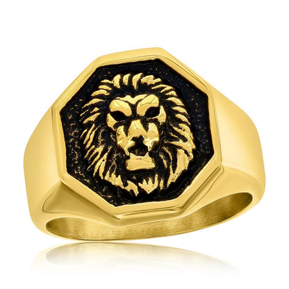 Stainless Steel Oxidized Lion Octagon Ring - Gold Plated