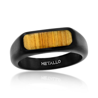 Stainless Steel Rectangle Wood Inlay Ring - Black Plated