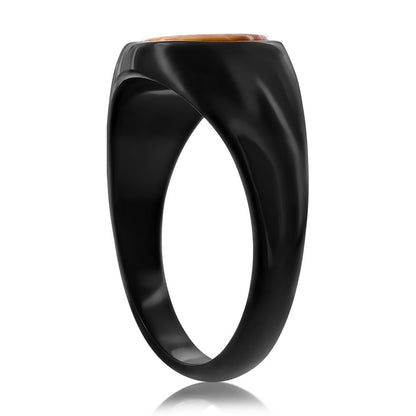 Stainless Steel, Black Plated Inlay Round Ring - Tiger Eye
