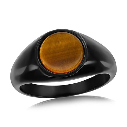Stainless Steel, Black Plated Inlay Round Ring - Tiger Eye