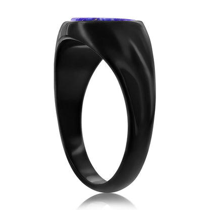 Stainless Steel, Black Plated Inlay Round Ring - Lapis