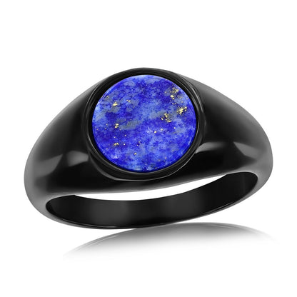 Stainless Steel, Black Plated Inlay Round Ring - Lapis