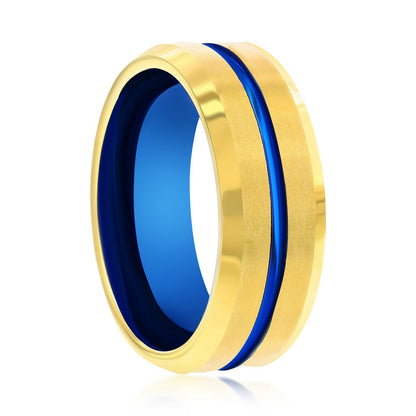 Gold & Blue Stripe Tungsten Ring - Matte & Polished