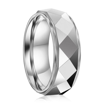 High Polished Diamond Design Faceted Tungsten Ring