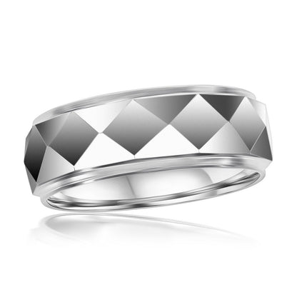 High Polished Diamond Design Faceted Tungsten Ring