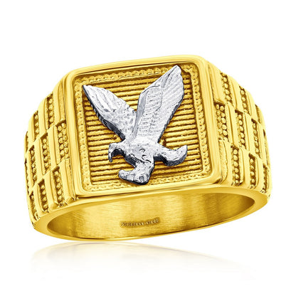 Stainless Steel, Square Textured, Eagle Design Ring - Gold Plated