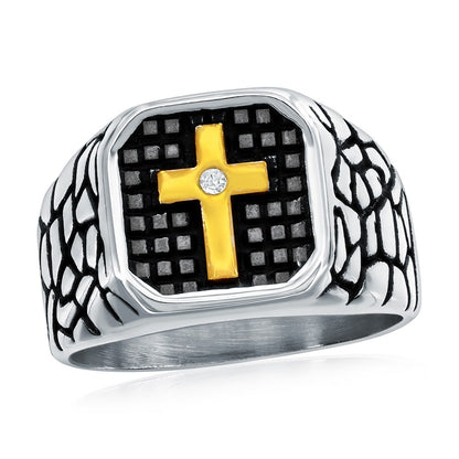 Stainless Steel, Gold CZ Cross Pebbled Design Ring