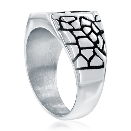 Stainless Steel, Gold CZ Cross Pebbled Design Ring