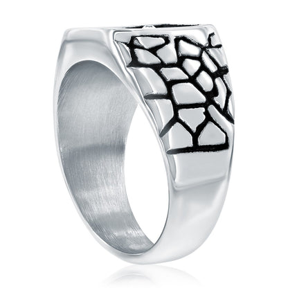 Stainless Steel, Gold CZ Cross Pebbled Design Ring