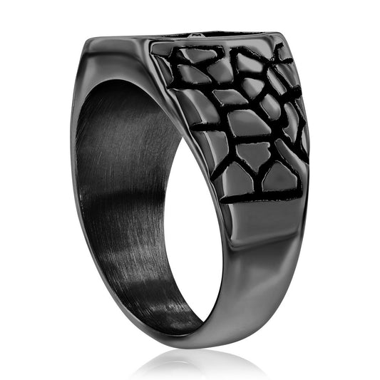 Stainless Steel, CZ Cross Pebbled Design Ring - Black Plated