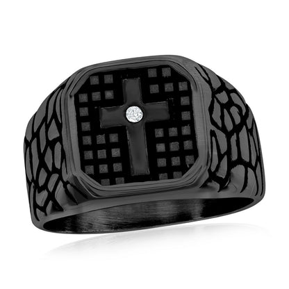 Stainless Steel, CZ Cross Pebbled Design Ring - Black Plated