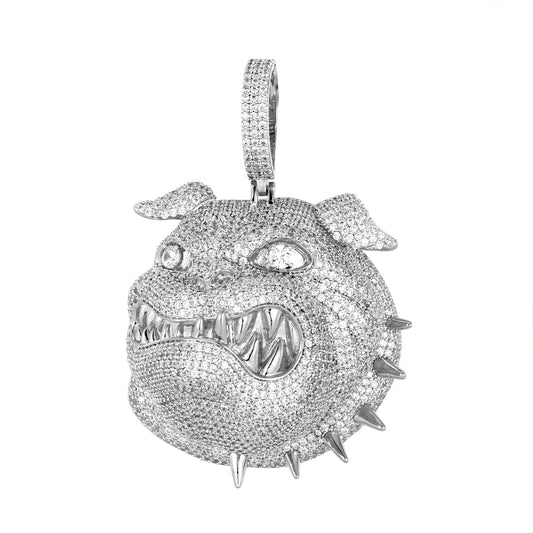 Sterling Silver Round CZ Cluster Bull Dog Animal Pendant RP