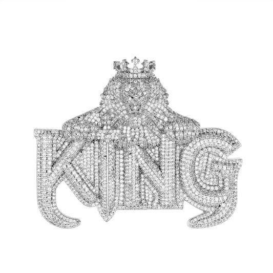 Sterling Silver Round CZ Crown Lion King Word Pendant RP