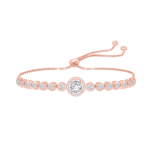 Sterling Silver, Round CZ Halo Bezel-Set CZ Adjustable Bolo Bracelet - Rose Gold Plated
