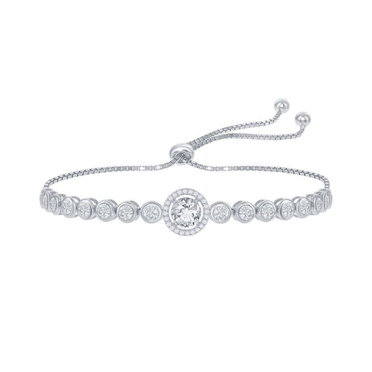 Sterling Silver, Round CZ Halo Bezel-Set CZ Adjustable Bolo Bracelet