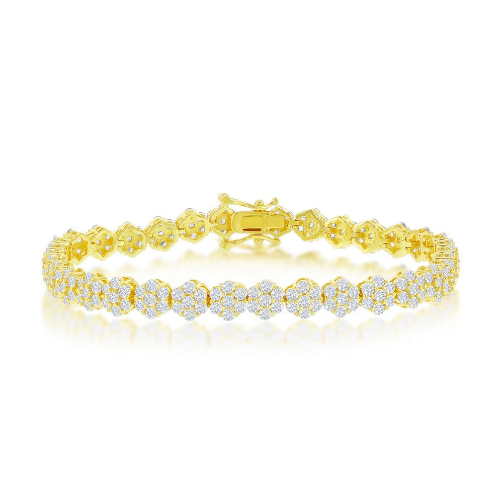 Sterling Silver, Flower Design CZ 6mm Tennis Bracelet - Gold Plated