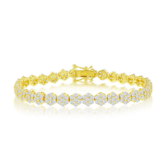 Sterling Silver, Flower Design CZ 6mm Tennis Bracelet - Gold Plated
