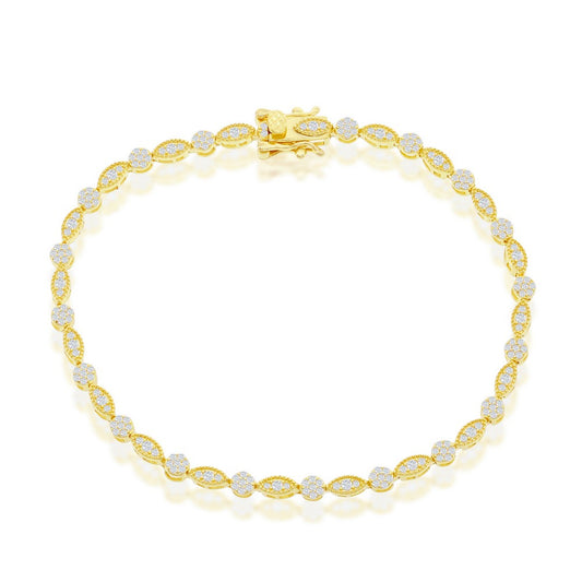 Sterling Silver, Round & Marquise CZ Tennis Bracelet - Gold Plated