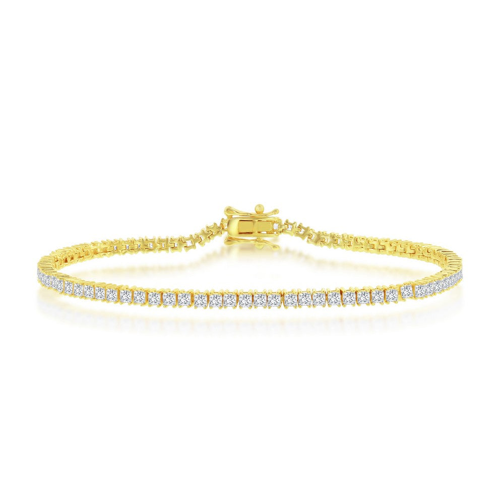 Sterling Silver, 3mm Princess-Cut CZ Tennis Bracelet - Gold Plated