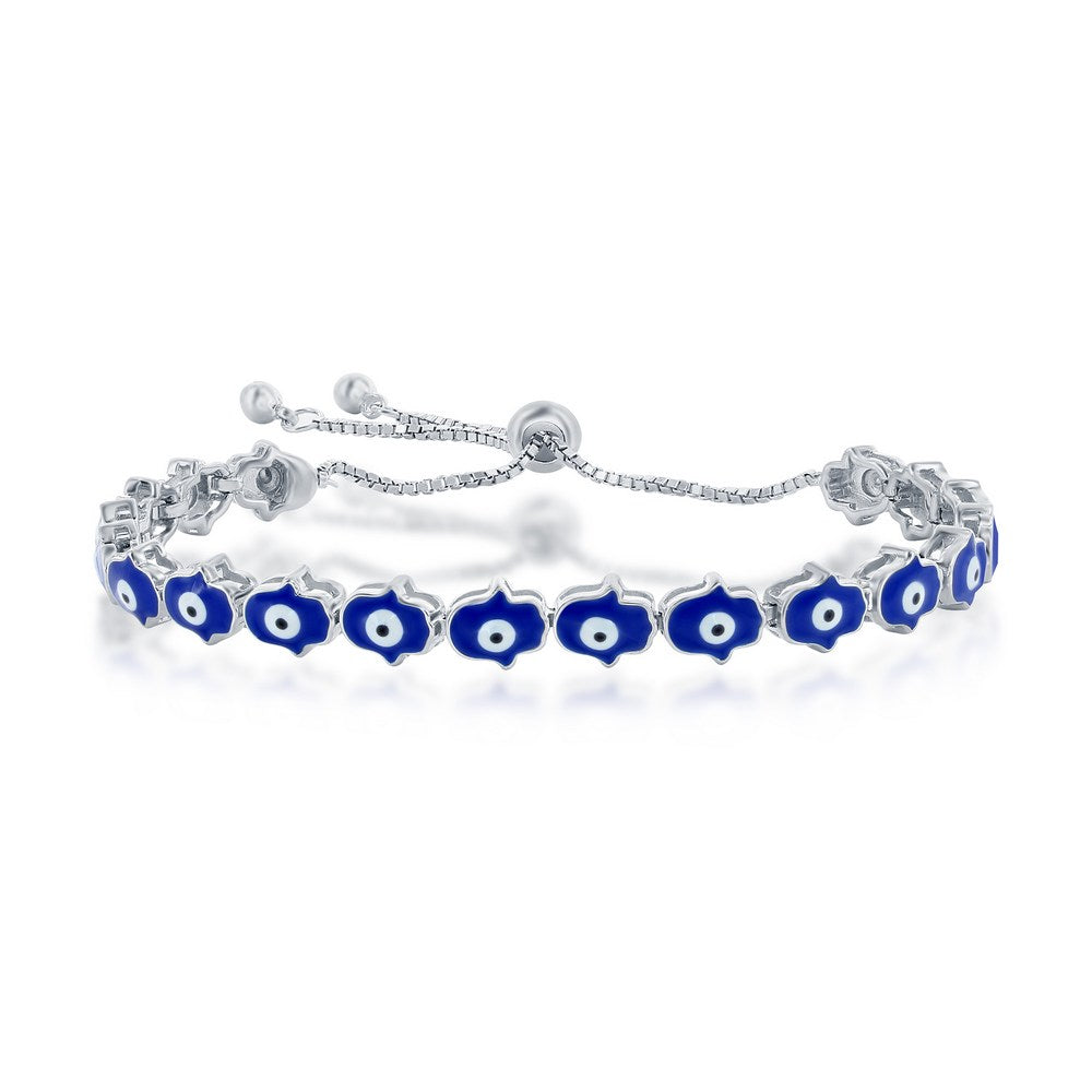 Sterling Silver, Blue Enamel Evil Eye Hamsa Adjustable Bolo Bracelet