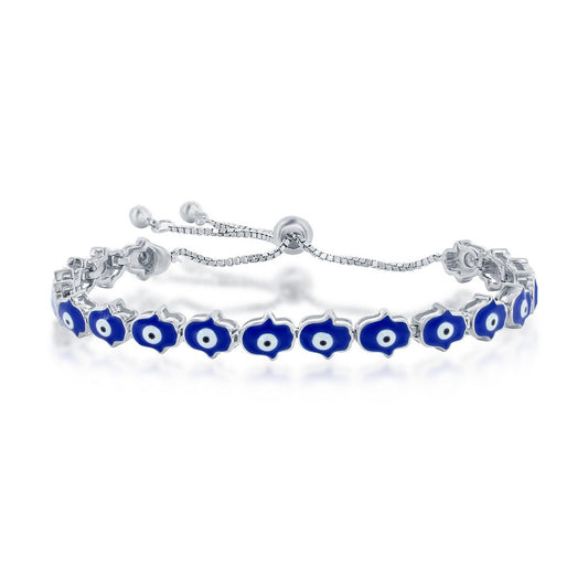 Sterling Silver, Blue Enamel Evil Eye Hamsa Adjustable Bolo Bracelet