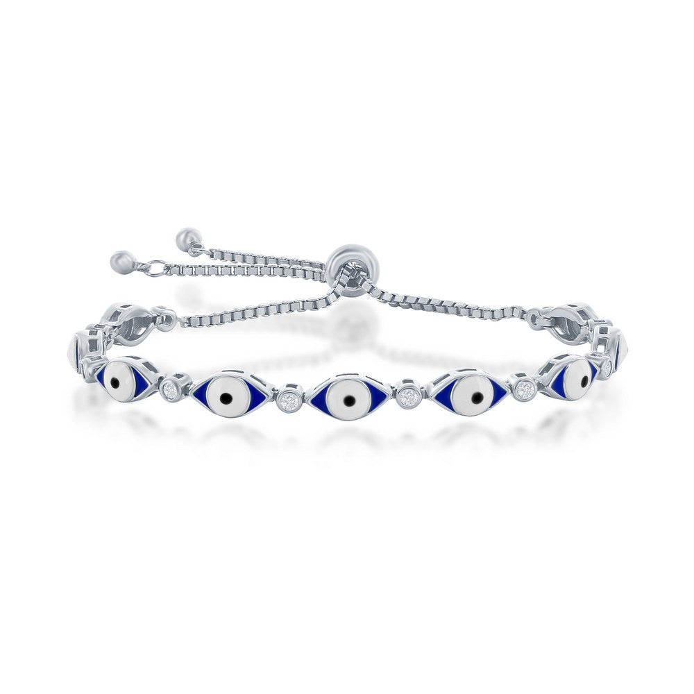 Sterling Silver, Blue Enamel Evil Eye w/CZ Adjustable Bolo Bracelet