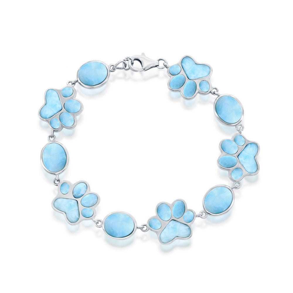 Sterling Silver, Alternating Oval & Paw Print Larimar Bracelet
