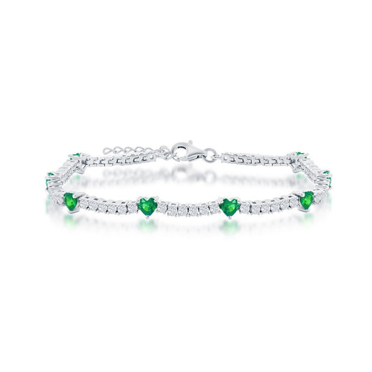 Sterling Silver, Heart and CZ Tennis Bracelet - Emerald CZ