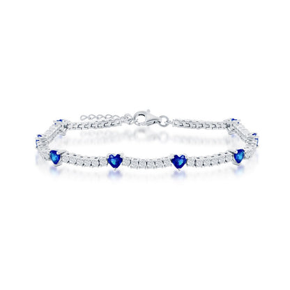 Sterling Silver, Heart and CZ Tennis Bracelet - Sapphire CZ