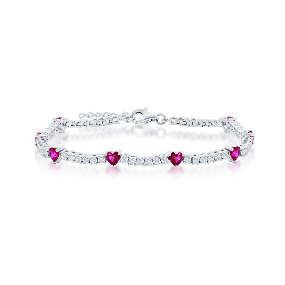 Sterling Silver, Heart and CZ Tennis Bracelet - Ruby CZ