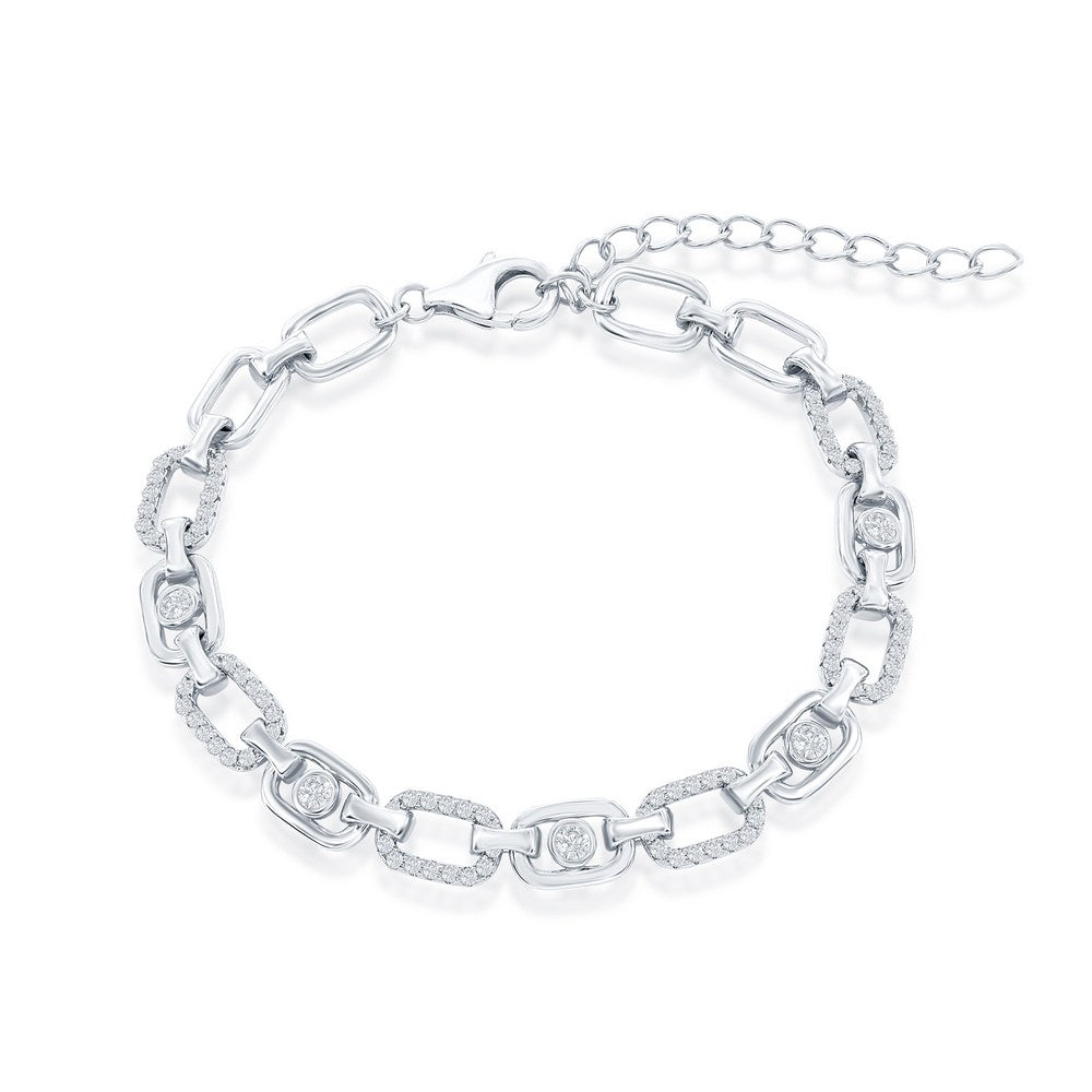 Sterling Silver, Alternating Polished & Oval CZ Link Bracelet