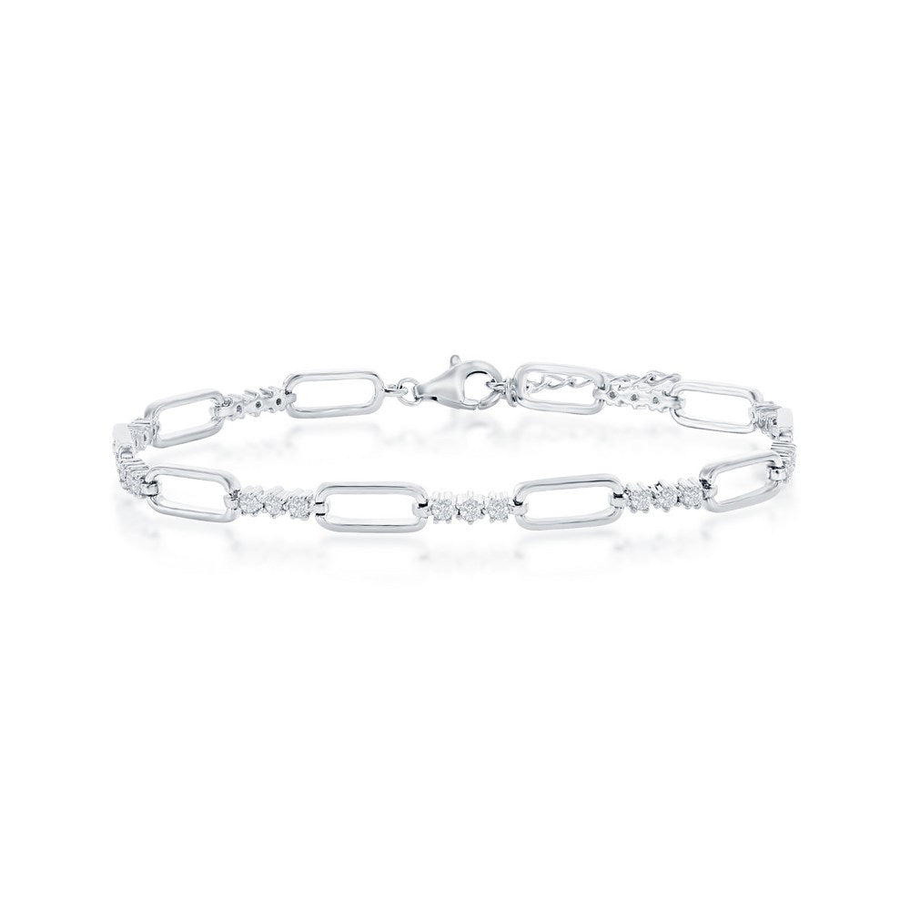 Sterling Silver, Alternating Paperclip Design & CZ Bracelet