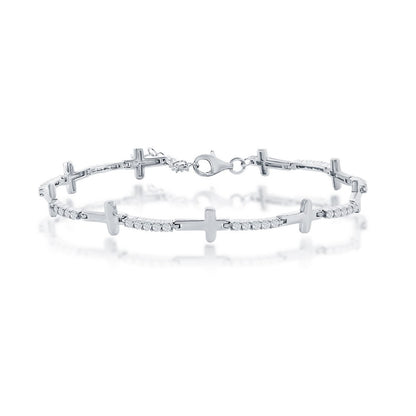 Sterling Silver, Sideways Cross & CZ Bracelet