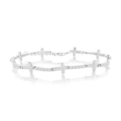 Sterling Silver, Sideways Cross & CZ Bracelet