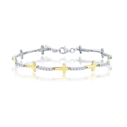Sterling Silver, Sideways Cross & CZ Bracelet - Gold Plated