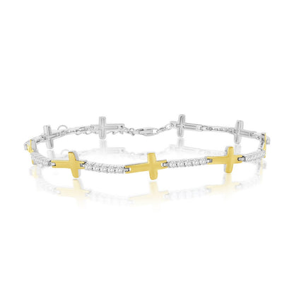 Sterling Silver, Sideways Cross & CZ Bracelet - Gold Plated