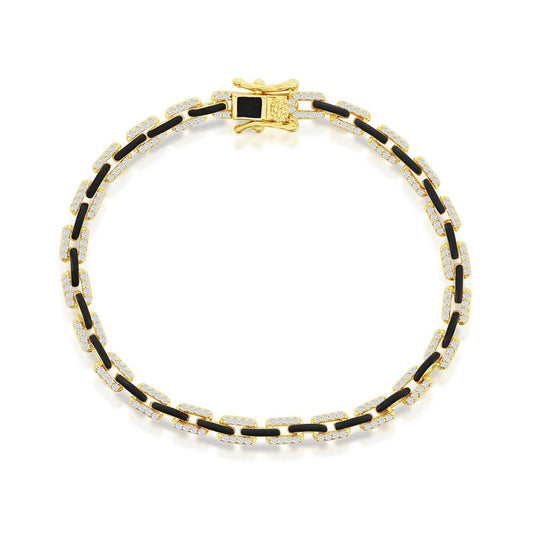 Sterling Silver, Black Enamel & CZ Link Bracelet - Gold Plated