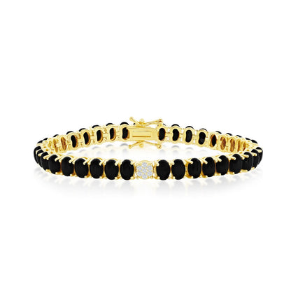 Sterling Silver, Oval Onyx & CZ Tennis Bracelet - Gold Plated