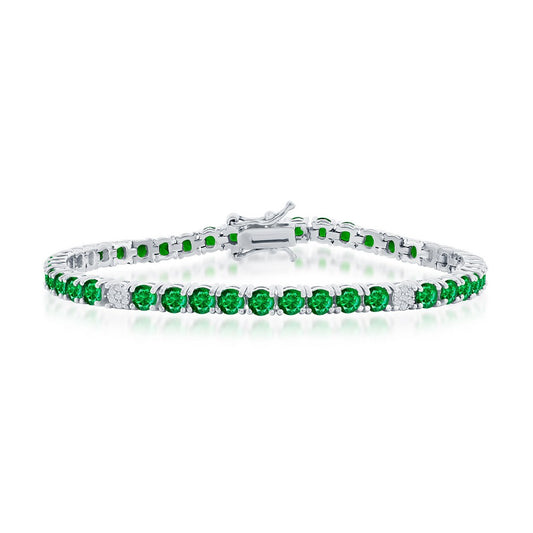 Sterling Silver, 3.5mm Round CZ Tennis Bracelet - Emerald Spinel