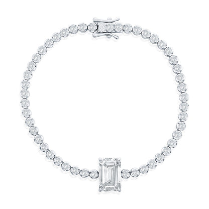 Sterling Silver, Emerald-Cut & Round CZ Tennis Bracelet