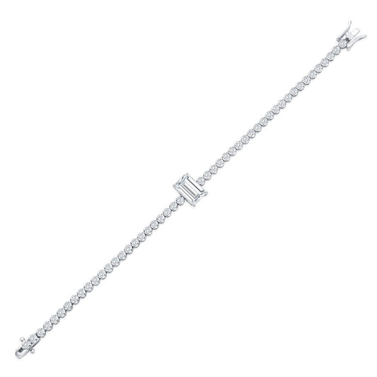 Sterling Silver, Emerald-Cut & Round CZ Tennis Bracelet