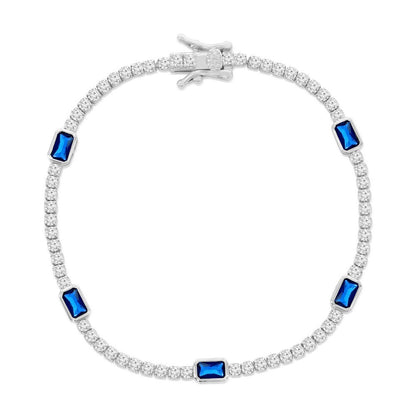Sterling Silver, Rectangle Bezel-Set & Round CZ Bracelet - Sapphire