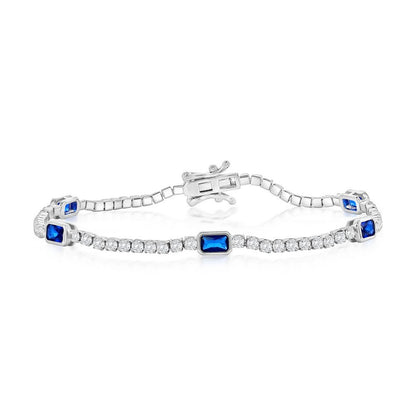 Sterling Silver, Rectangle Bezel-Set & Round CZ Bracelet - Sapphire