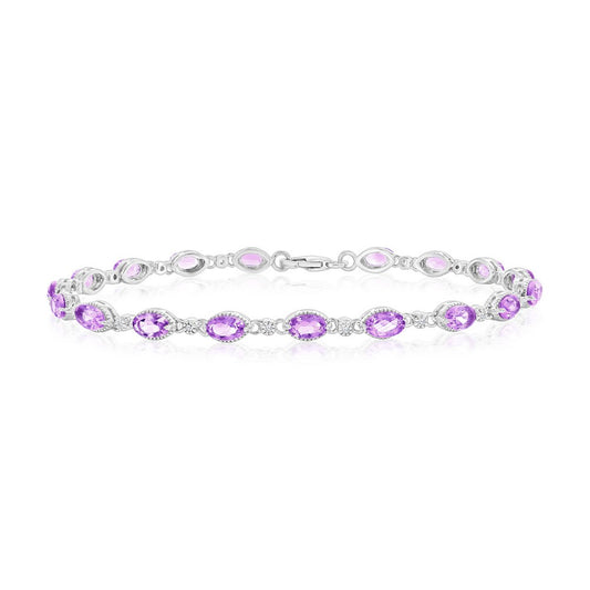 Sterling Silver, Oval 3.99ct Amethyst & 0.11ct White Topaz, Beaded Outline Gem Bracelet