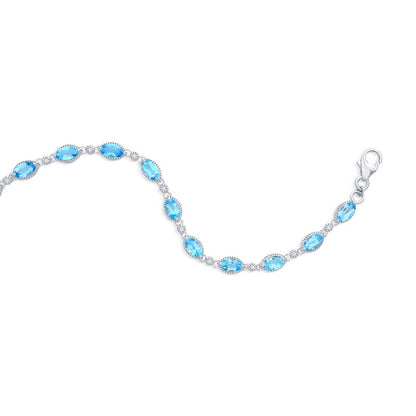 Sterling Silver, Oval 4.94ct Swiss Blue Topaz & 0.11ct White Topaz, Beaded Outline Gem Bracelet