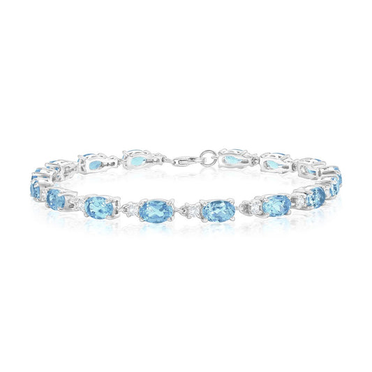 Sterling Silver, Oval Gem & White Topaz Bracelet - Sky Blue Topaz (9.44cttw)