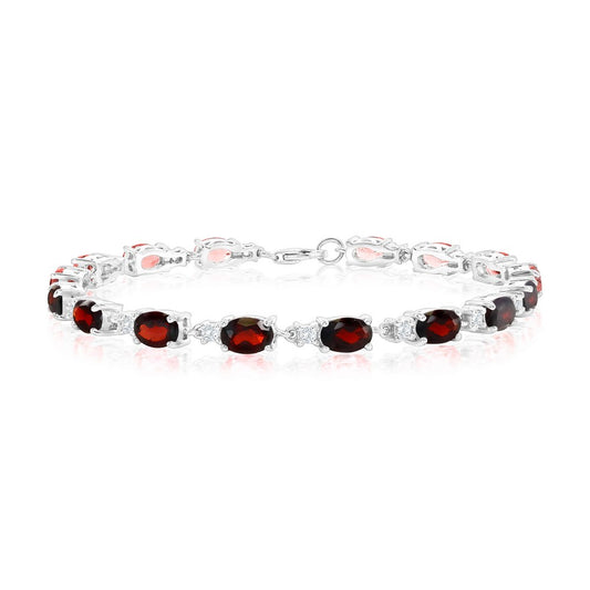 Sterling Silver, Oval 8.80ct Garnet & 0.64ct White Topaz Gem Bracelet