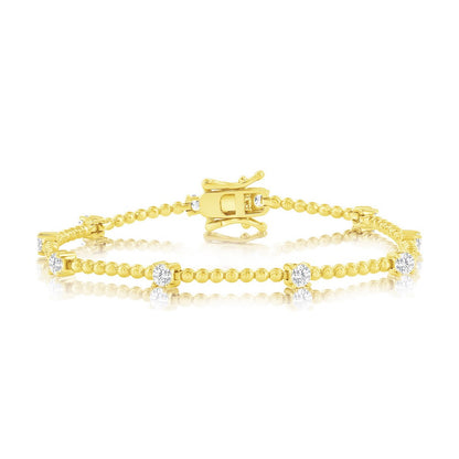 Sterling Silver, Round CZ & Beaded Bracelet - Gold Plated