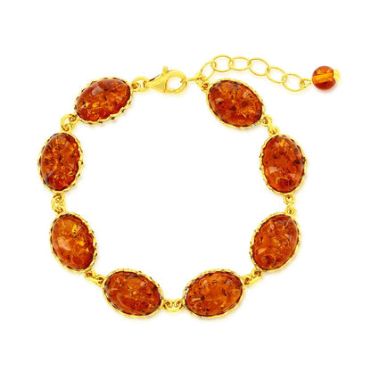 Sterling Silver, Oval Amber Link Bracelet - Gold Plated